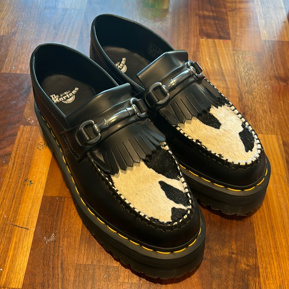 Dr. Martens Adrian Snaffle Quad Hair On & Leather Cow Print Platform Loafer 8US